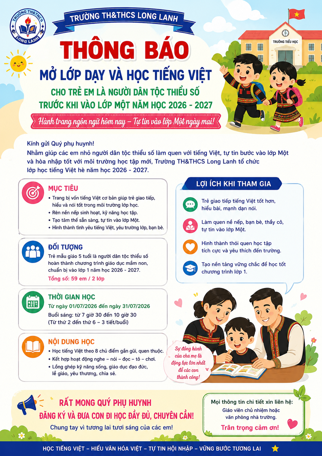 TRƯỜNG TH&THCS LONG LANH BAN HÀNH KẾ HOẠCH MỞ LỚP DẠY TIẾNG VIỆT CHO TRẺ EM DÂN TỘC THIỂU SỐ TRƯỚC KHI VÀO LỚP 1 (NĂM HỌC 2026 - 2027)